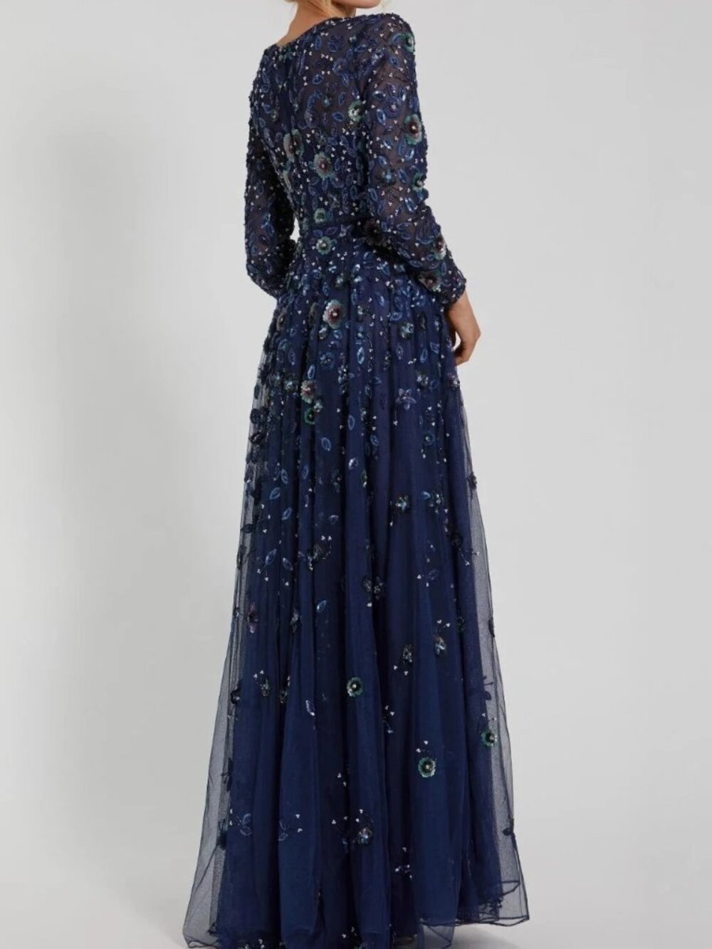 Mac Duggal Navy Blue Embellished High Neck Long Sleeve A Line Gown - Picture 2 of 3